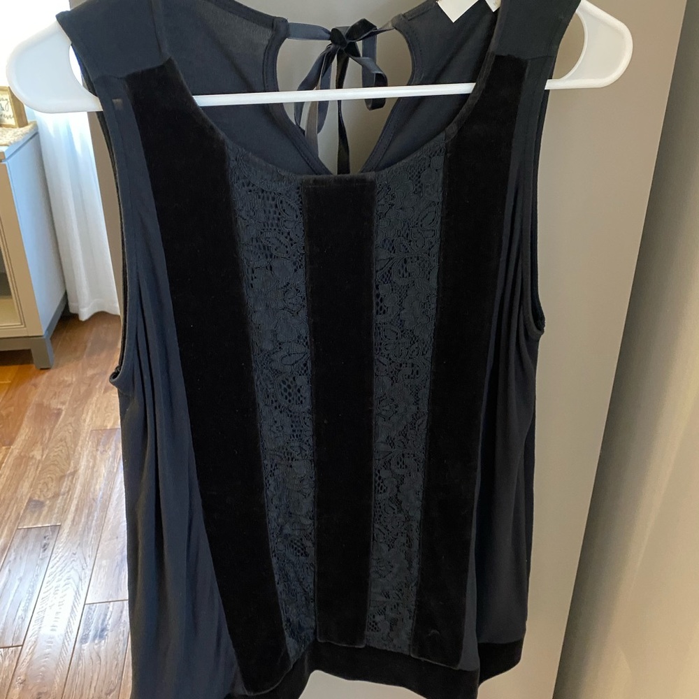Loft, Like New - black sleeveless top with velvet and lace stripes. Size Med.